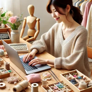 日本人の女性クリエイターがEtsyのショップページをパソコンで設定している様子。机の上には手作りのアクセサリーや道具が並べられている。