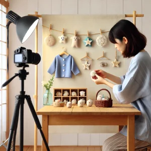 日本人の女性がハンドメイド商品の写真を撮影している様子。シンプルな背景を使い、商品が魅力的に見えるよう工夫している。