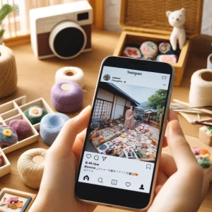 日本人の女性がSNSでハンドメイド商品の写真を投稿している様子。スマートフォンの画面にInstagramの投稿画面が映っている。