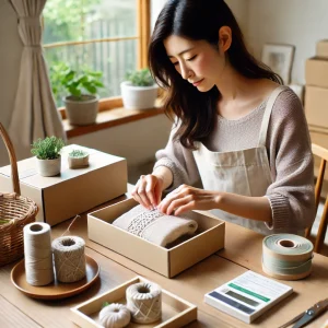 日本人の女性が自宅で商品を梱包し、国際発送の準備をしている様子。エコフレンドリーな素材を使用して、丁寧に包装している。