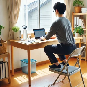 日本のホームオフィス。デスクに座ったまま上半身のストレッチをしている人物が描かれています。デスクにはノートパソコン、水ボトル、小さな観葉植物が置かれ、自然光が差し込む空間がリラックスと柔軟性を象徴しています。