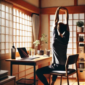 日本のホームオフィス。椅子を使った軽いスクワット運動をしている人物が描かれ、デスクにはノートパソコン、水ボトル、小さな観葉植物が置かれています。自然光が明るく空間を照らし、リモートワーク中の健康的なフィットネス習慣を象徴しています。