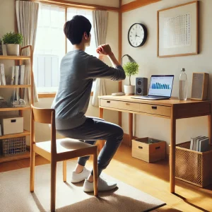 日本のホームオフィス。椅子を使って軽いスクワット運動をしている人物が描かれ、デスクにはノートパソコン、水ボトル、小さな観葉植物が置かれています。自然光が差し込む明るい空間が、健康的なリモートワークの習慣を象徴しています。