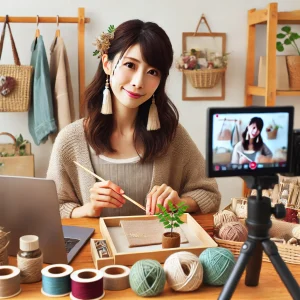日本人の女性がリール動画を作成し、ハンドメイド商品の制作過程をSNSで共有している様子。