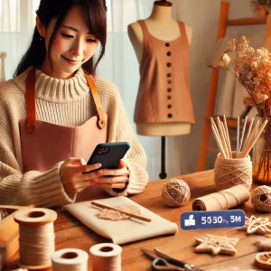 日本人の女性がフォロワーからのコメントにスマートフォンで返信している様子。彼女の周囲には完成したハンドメイド商品が並べられている。