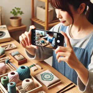 日本人の女性が、ハンドメイド商品の制作過程をスマートフォンで撮影している様子。背景には作業台と素材が整然と配置されている。