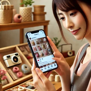 日本人の女性がスマートフォンでInstagramにハンドメイド商品の写真を投稿している様子。背景には完成した商品がディスプレイされている。