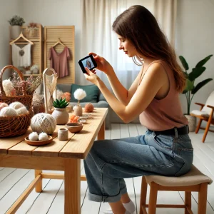 初心者の女性が自宅で商品写真を撮影している様子。テーブルの上にはハンドメイド作品と撮影用の簡単な背景が用意されている。