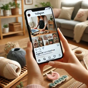 SNSでハンドメイド商品を投稿している女性。スマートフォンで撮影した写真をInstagramにアップロードしている様子。