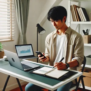 日本人男性が木製のデスクでスマートフォンを使いながら、サイドハッスルの計画を立てている様子。デスクはミニマリスト風で整然としており、背景にはシンプルな本棚と観葉植物が配置されています。