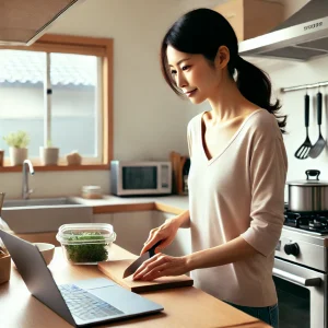日本人女性がミニマルなキッチンでノートパソコンを開きながら料理をしている様子。部屋は明るく、シンプルなデザインの家具が配置され、自然光が差し込んでいます。