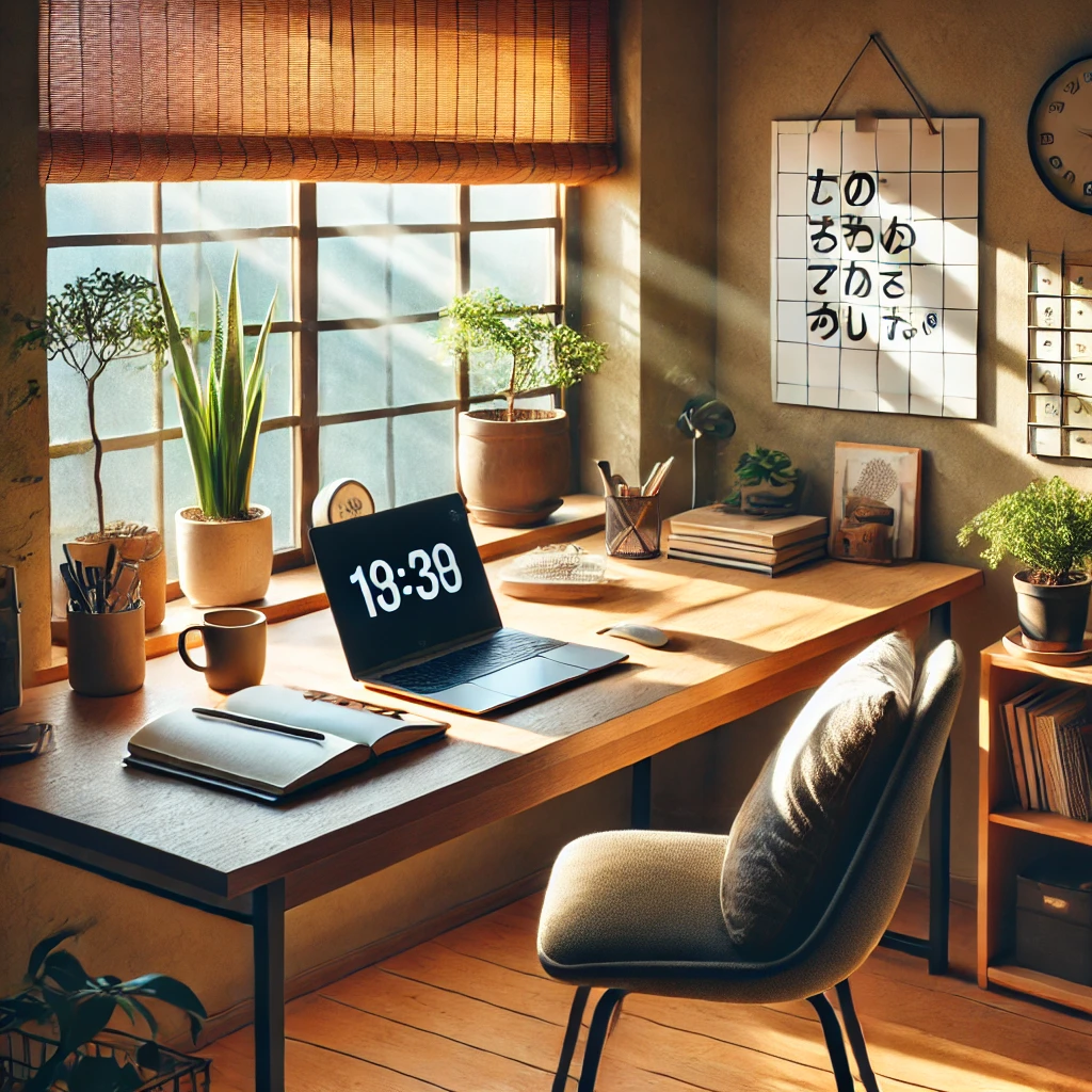 一人暮らしのリモートワーカーのための日本のホームオフィス。机にはノートパソコン、観葉植物、モチベーションを高める付箋が貼られたボードがあり、ノートとお茶のカップも置かれている。自然光が差し込み、整理整頓された快適な空間が広がる。