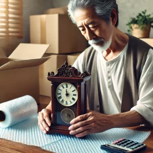 シニア男性がアンティークの時計を手に取り、丁寧に梱包している様子。