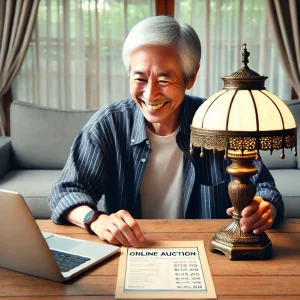 「アンティークのランプをオンラインオークションで販売し、高値で落札された画面を確認しているシニア男性。