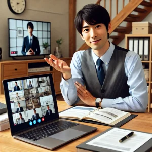 日本のプロフェッショナルがコンテンポラリーなホームオフィスでラップトップ画面に洗練されたポートフォリオを提示しているシーン。スリムなデスクとサポート性の高い椅子が配置され、温かみのあるプロフェッショナルな雰囲気を演出する照明が特徴的です。