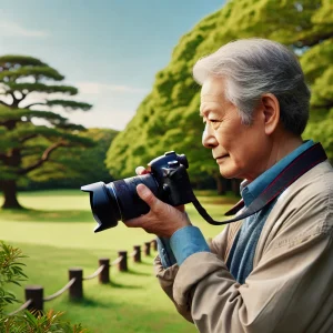 シニア世代の日本人男性が公園でカメラを構え、自然風景を撮影している様子。