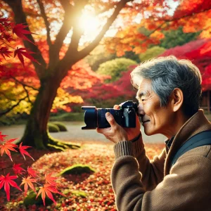 シニア世代の男性が自然光の下、カメラを使って美しい紅葉の風景を撮影している様子。
