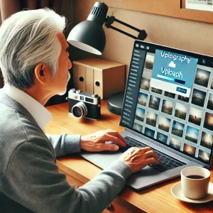 シニア世代の男性が撮影した写真をパソコンでフォトストックサイトにアップロードしている様子。
