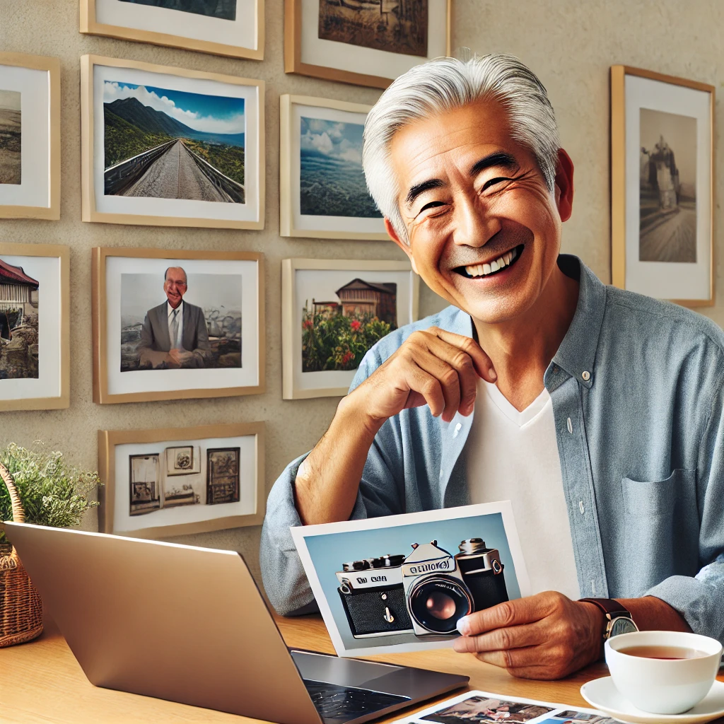 シニアの男性が写真販売の成果をパソコンで確認し、満足そうに微笑むシーン