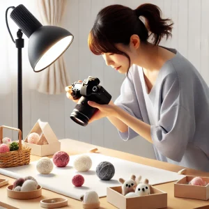 日本人の女性が自然光が入る部屋で、ハンドメイド商品の写真を撮影している様子。白い背景を使用し、カメラで商品を撮影中。