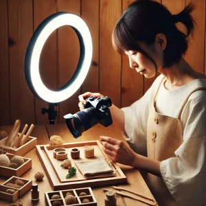 「日本人の女性がリングライトを使用して、ハンドメイド商品の魅力を引き出すために撮影している様子。木製の背景と補助アイテムが使用されている。