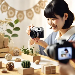 日本人の女性が明るい自然光の下で、ハンドメイド商品の写真を撮影している。背景は統一感のあるデザインで、商品のブランディングを意識した撮影をしている。