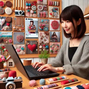 日本人の女性がSNSに商品写真を投稿しながら、ハッシュタグを入力している様子。背景にはカラフルなハンドメイド商品がディスプレイされている。