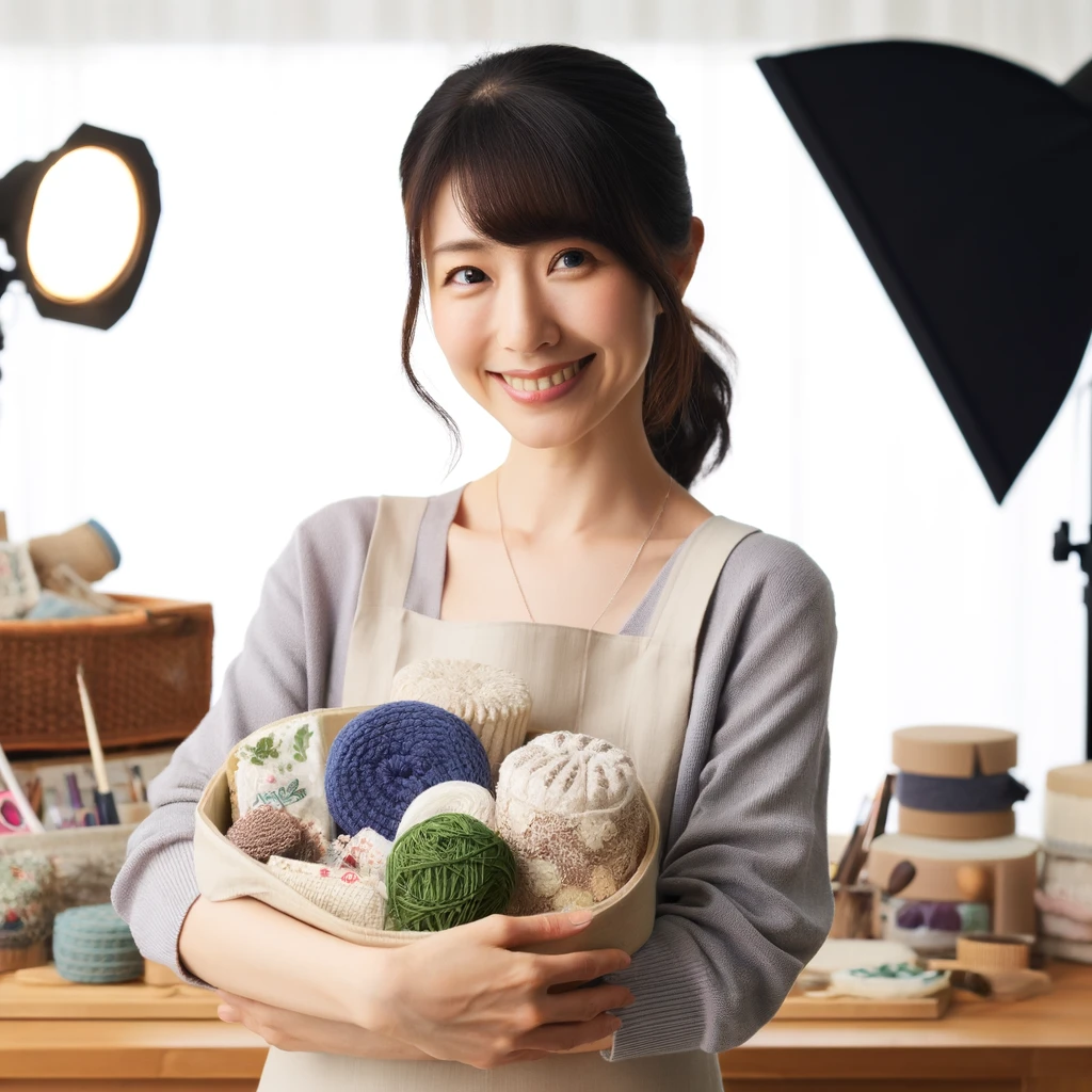 日本人の女性が完成したハンドメイド商品を手に持ち、背景に撮影用のセットがある様子。彼女は自信に満ちた笑顔を見せている。