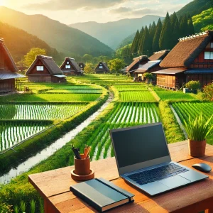 日本の田舎の風景に伝統的な家屋と緑豊かな田畑が広がり、屋外の木製テーブルにノートパソコンとノートが置かれ、生産的なリモートワーク環境が描かれています。
