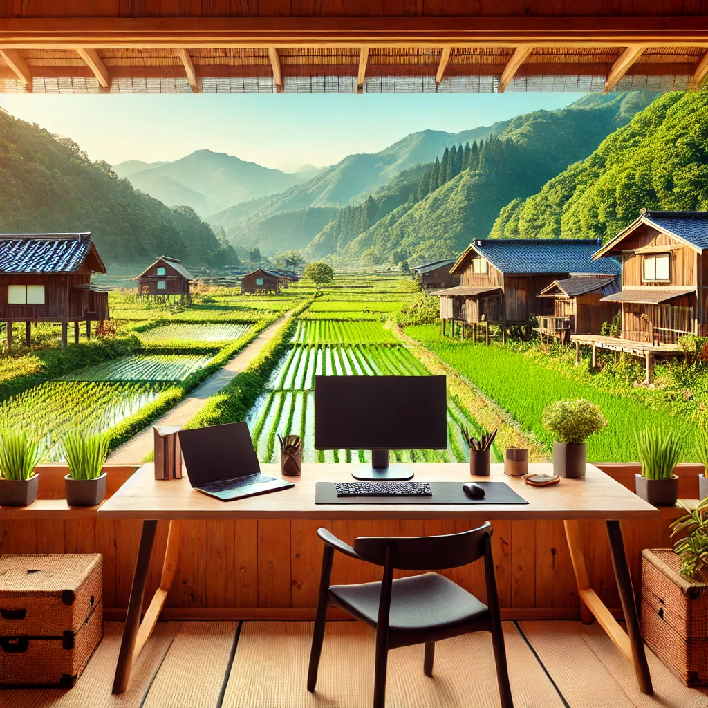 日本の田舎にある木製デスクで整ったリモートワーク環境が広がる風景。背景には緑豊かな自然と山々が見え、落ち着いた雰囲気の中での仕事を象徴しています。