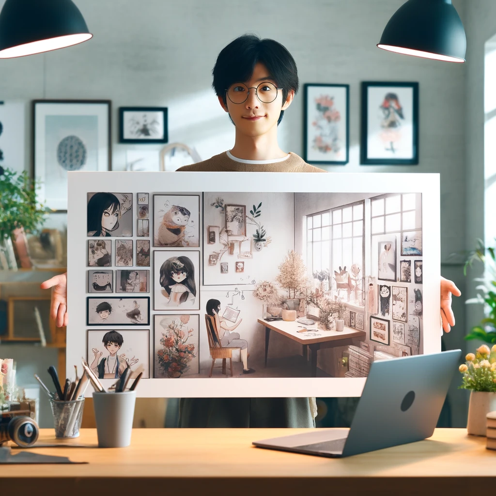 日本人フリーランスイラストレーターが、モダンなワークスペースで作品全体をプレゼンしている様子