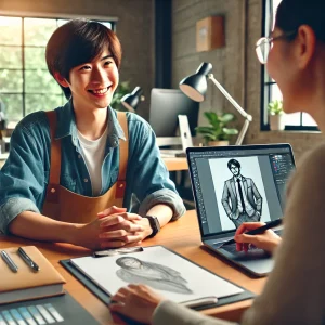 クライアントからのフィードバックをパソコンで確認する日本人イラストレーター