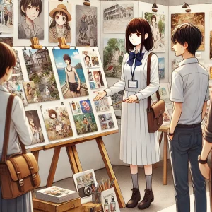 アートフェスティバルで作品を展示し、来場者と交流する日本人イラストレー