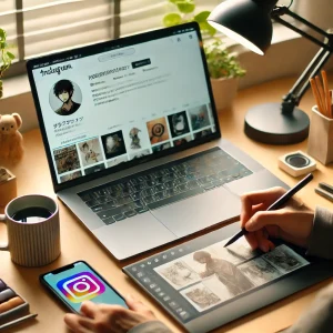ノートパソコンでInstagramに作品を投稿する日本人イラストレーター