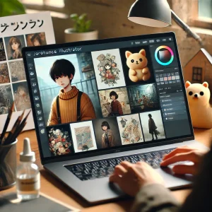 オンライン会議でポートフォリオをクライアントに見せる日本人イラストレーター