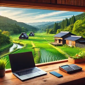 日本の田舎の美しい風景と、窓際の木製テーブルに置かれたノートパソコンとスマートフォン。リモートワークが可能な環境を象徴する光景。