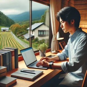 日本のリモートワーカーが、田舎の景色を見ながら整ったワークスペースでノートパソコンを使用している様子。