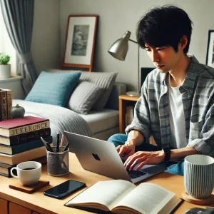 日本のフリーランサーが、ミニマルで快適なホームオフィスでノートパソコンを使って作業している様子。
