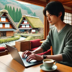 地方のカフェでノートパソコンを使ってリモートワークをする日本人フリーランスの男性