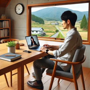 日本の田舎の自宅オフィスで、オンライン会議に参加する日本人フリーランスの男性