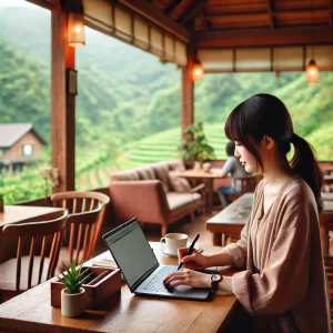 日本の田舎のカフェで、ノートパソコンを使いながら仕事の計画を立てる日本人フリーランスの女性