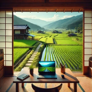 日本の田舎の伝統的な木造家屋内にあるリモートワーカーのデスク。緑豊かな田んぼと遠くの山々が引き戸の外に見え、平穏で生産的な作業環境を象徴しています。