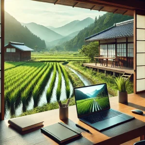 伝統的な日本の田舎家に設置されたモダンなホームオフィス。デスクにはスリムなノートパソコン、ノート、コーヒーマグが置かれ、大きな窓越しに緑豊かな田んぼと山々が見える、生産性と伝統が調和した風景。