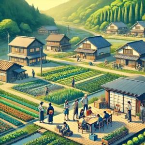 日本の田舎にある小さな木造家屋と豊かな緑に囲まれたコミュニティ。地元の人々が屋外でプロジェクトに取り組む様子が描かれ、地域資源とコミュニティの協力で成功するリモートワークを象徴しています。
