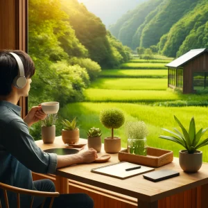 日本の田園風景の中、窓辺で緑豊かな自然を眺めながらお茶を飲んで休憩するリモートワーカー。持続可能でバランスの取れたリモートワーク生活を象徴する風景。