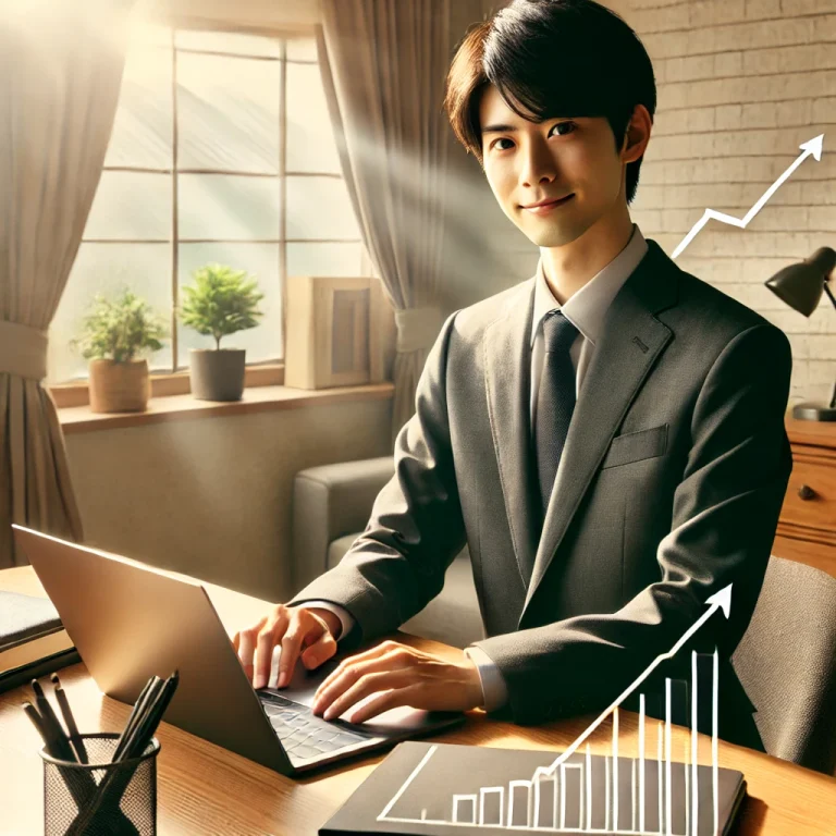 リモートワーク環境でキャリア成長と生産性を象徴する日本のビジネスプロフェッショナルが、自宅のデスクで自信を持って作業している姿。ラップトップや整理されたデスク、自然光が差し込む窓がインスピレーションを与える。