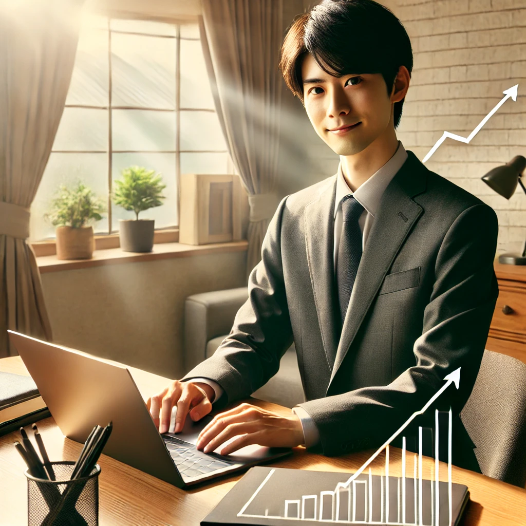 リモートワーク環境でキャリア成長と生産性を象徴する日本のビジネスプロフェッショナルが、自宅のデスクで自信を持って作業している姿。ラップトップや整理されたデスク、自然光が差し込む窓がインスピレーションを与える。