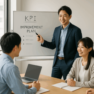 日本人マーケ担当がホワイトボードでKPIと改善案を示し、3人の同僚と短時間ミーティングを行う様子。