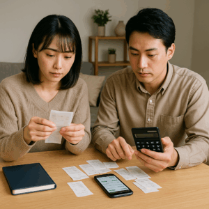 家計簿アプリと領収書を机に並べ、電卓で試算する日本人男女。