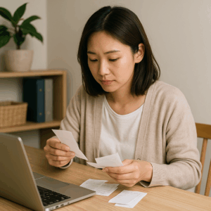 自宅兼オフィスで領収書を整理している日本人女性の写真風イメージ